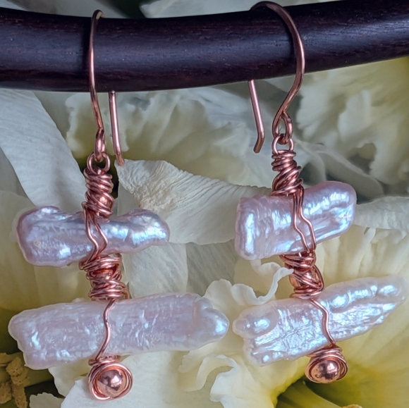 Biwa Pearl Earrings Artisan Copper Wrap Lightweight Coastal Style - Picture 6 of 14